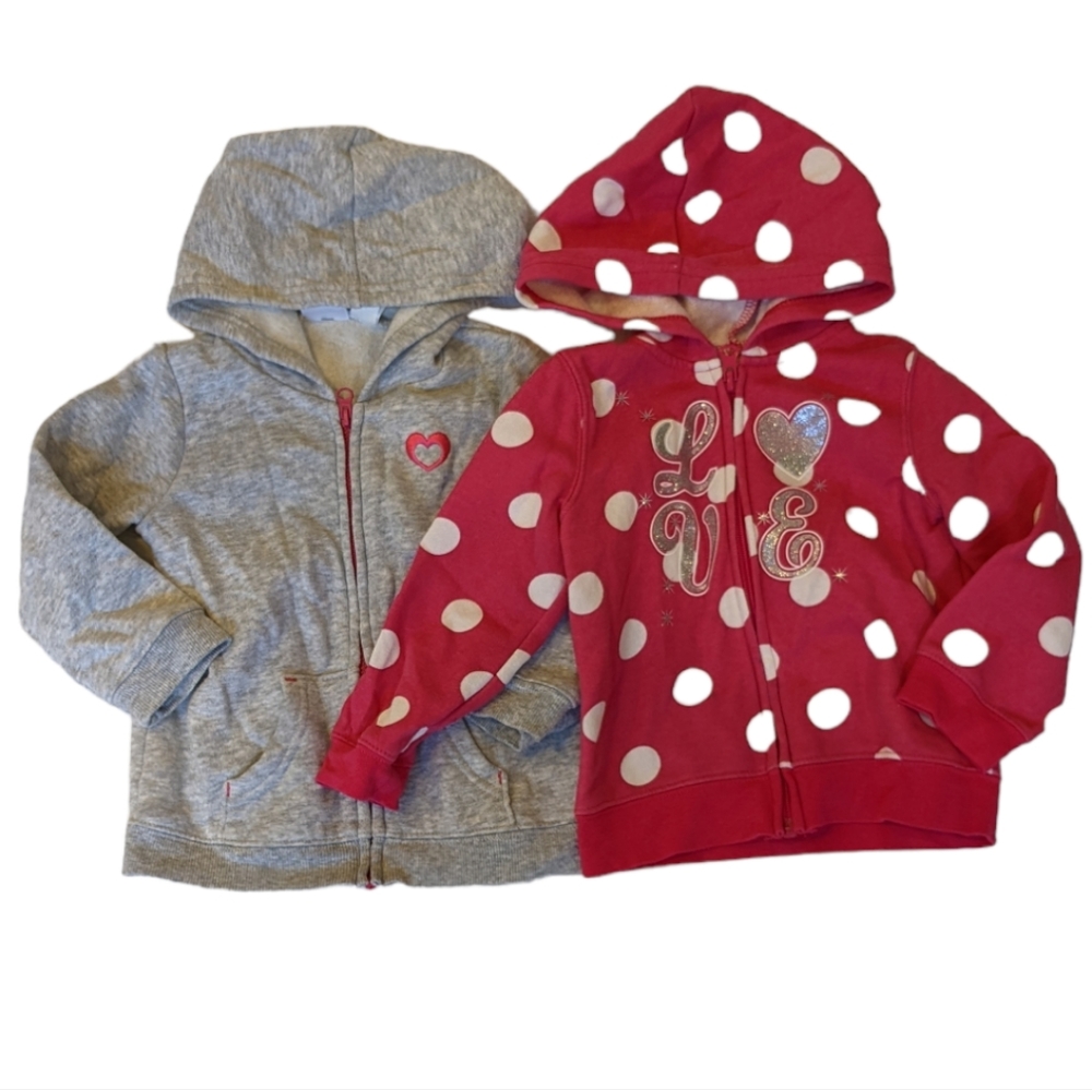 Girls Sweatshirt hoodies size 18 months pink/grey Zip Up Fleece Polka Dots Heart